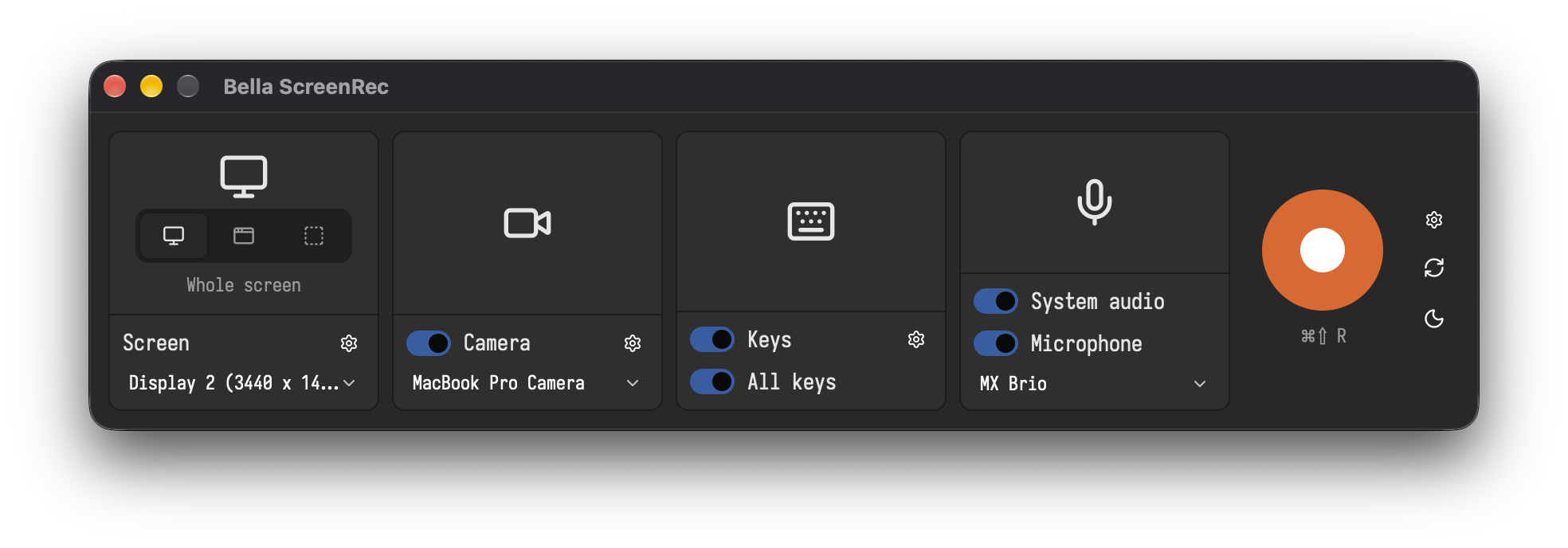 The control window: Screen, Camera, Keys and Audio tiles, the record button